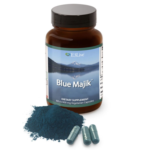 e3live blue majik bottle of powder and capsule